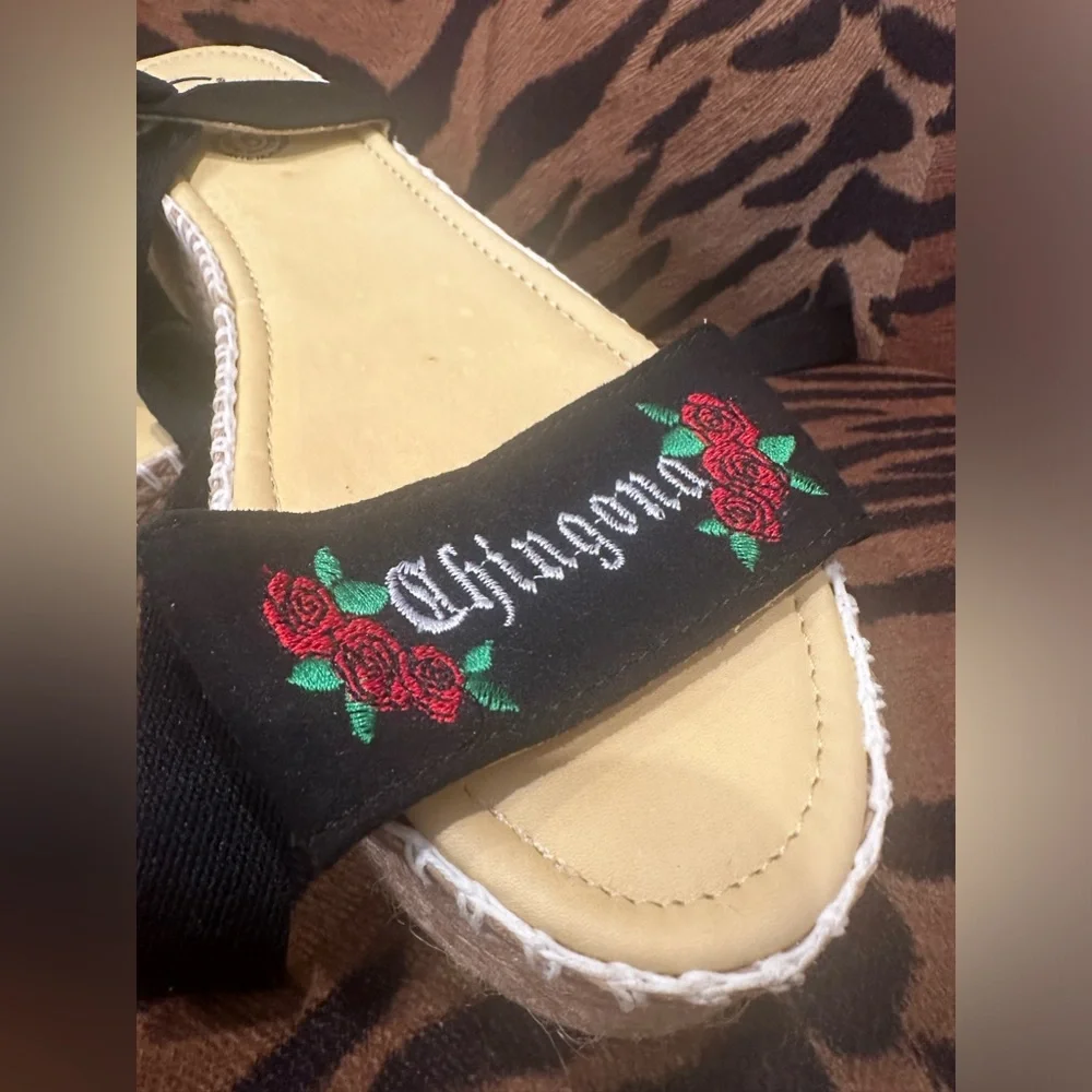 Yellow Espadrille Platforms with Black Embroidered Strap